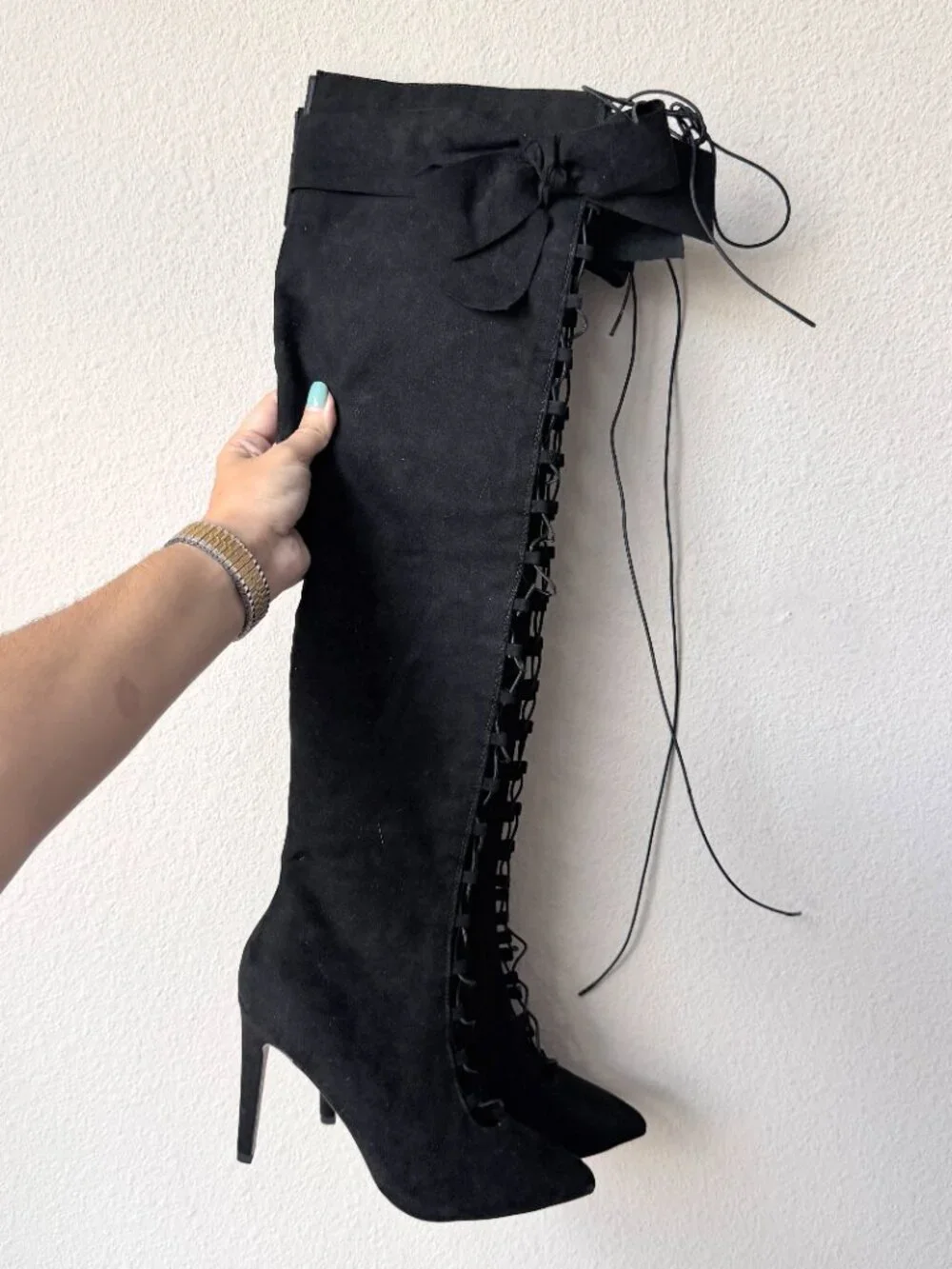 ASOS Black Bow Lace Up Faux Suede Thigh High Boots NEW Size 5